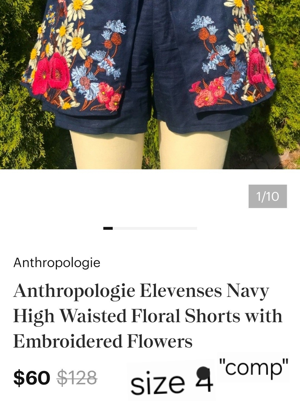 Anthropologie Navy High-Waist Shorts with Multicolor Floral Embroidery